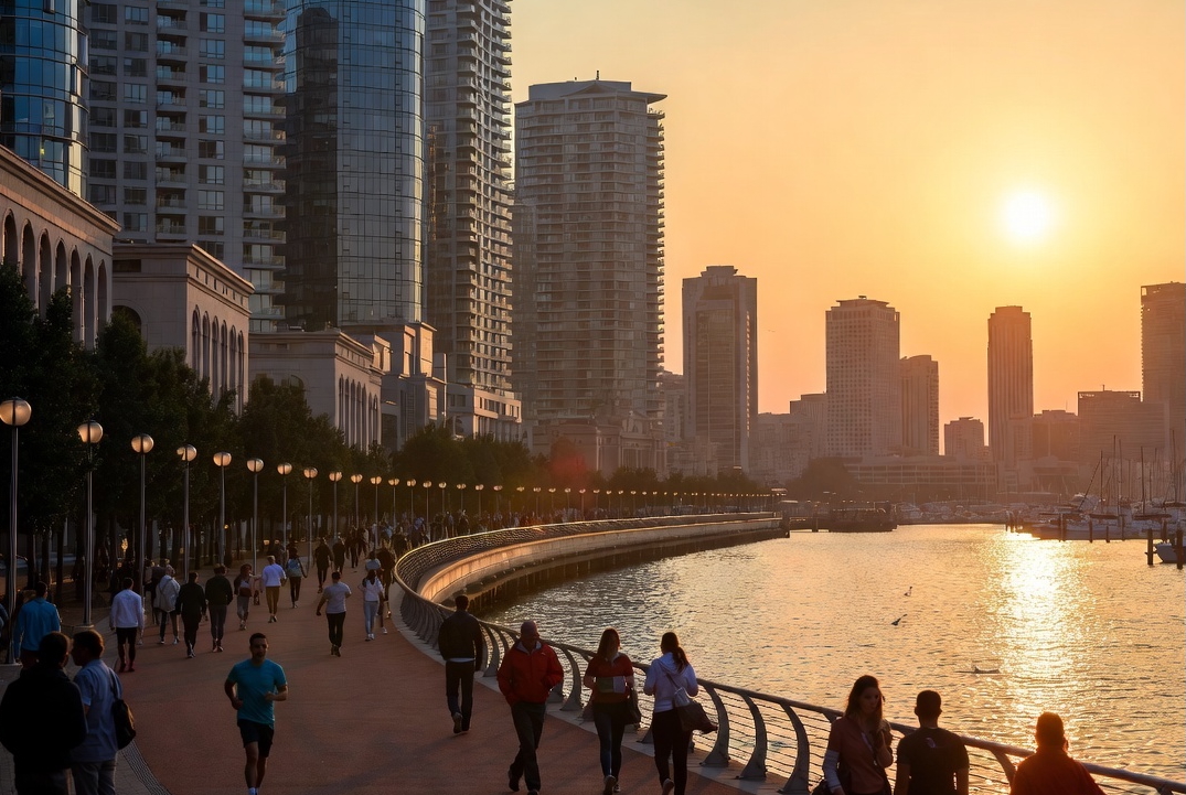 Busy city waterfront with people